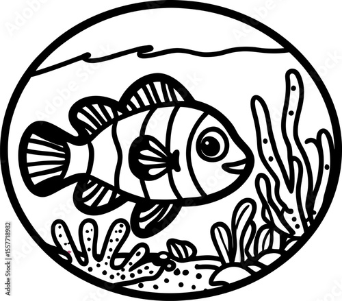 Clownfish swimming among vibrant coral and seaweed underwater marine life illustration, black and white line art