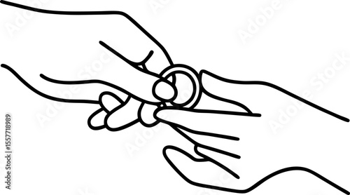 Simple line art of hand placing ring on finger minimalist engagement or wedding ceremony outline illustration