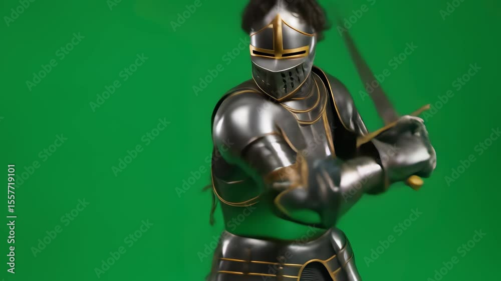 Full Shot of Knight in Shining Silver Armor Holding Sword in Defense Stance on Green Screen Backdrop in Studio Setting Action and Motion