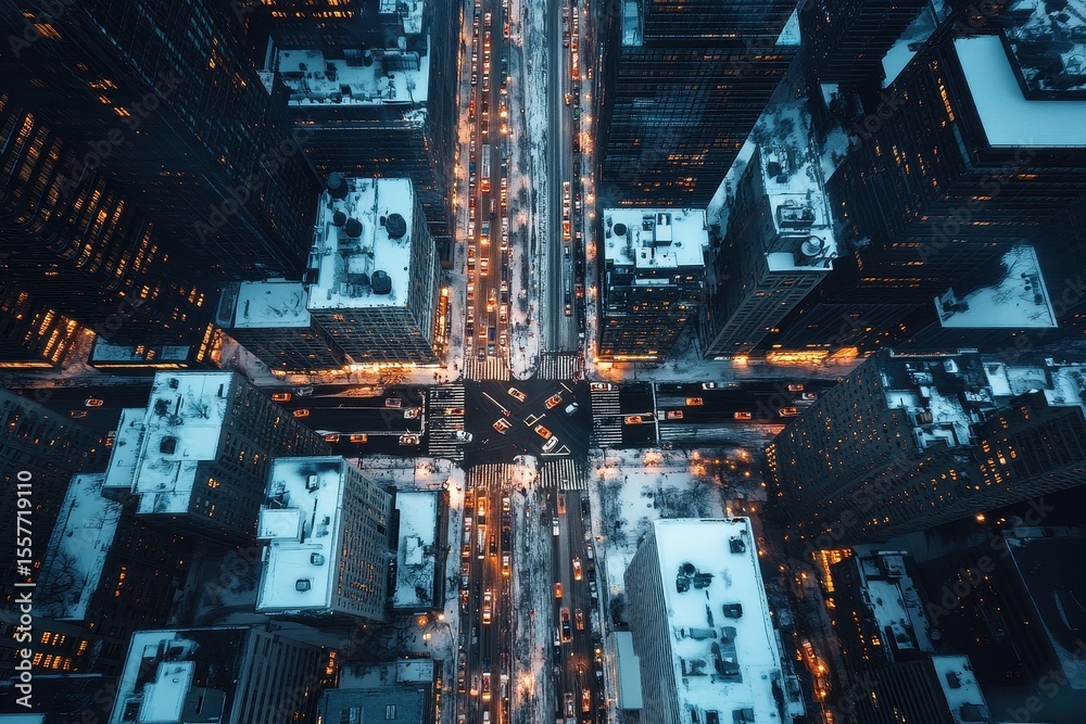 Winter evening in Manhattan: a bustling intersection illuminated by city lights, NYC Manhattan winter intersection vertical Winter evening in Manhattan: a bustling intersection illuminated by city lights, NYC Manhattan winter intersection vertical