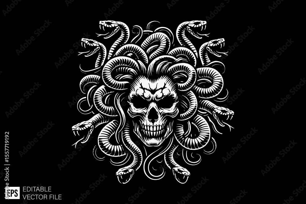 Fototapeta premium medusa head scary with snake in hair dark art illustration black and white design in black background