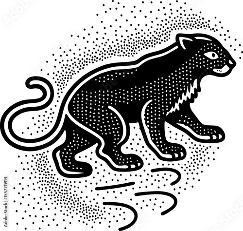 Elegant spotted black panther illustration in tattoo wild feline animal with dotted shading, dynamic pose, bold outlines
