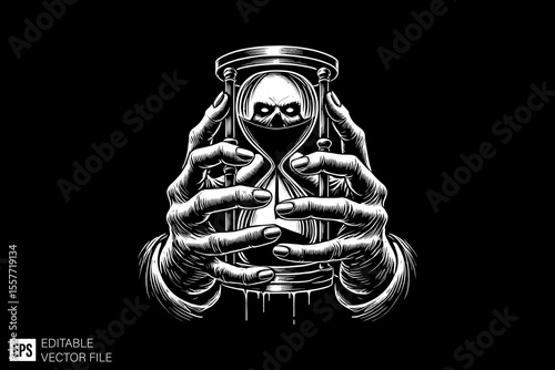 a scary hand holding hourglass ark art illustration black and white design in black background