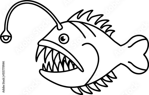 Deep sea anglerfish illustration sharp teeth, glowing lure, spiked fins underwater predator outline, black white drawing