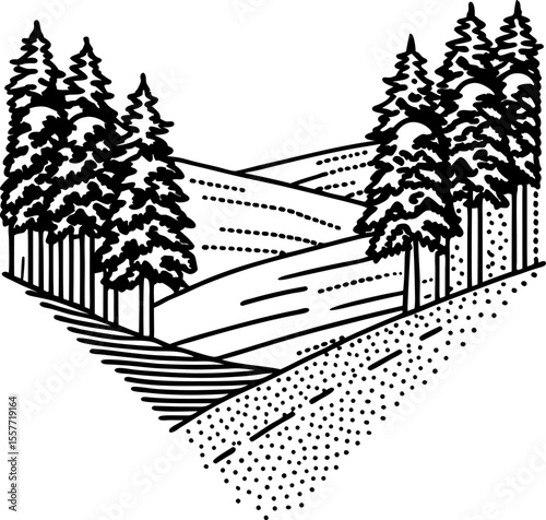 Scenic forest landscape with pine trees and rolling hills wilderness nature illustration, vintage outdoors graphic