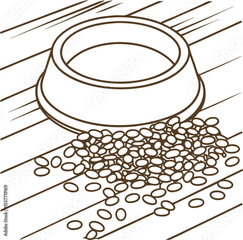 Empty pet food bowl and spilled kibble on wooden floor feeding accident, hungry animal concept, line art