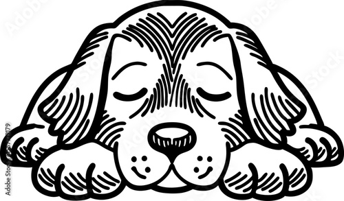 Sleeping puppy illustration cute dog resting with eyes closed, paws forward adorable animal drawing, peaceful nap