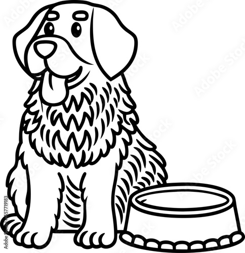 Happy fluffy dog sitting beside empty food bowl adorable pet with wagging tail waiting for meal, playful animal friend