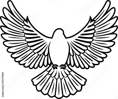 Outlined flying dove with spread wings peace bird symbol, black and white minimalist illustration
