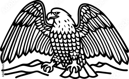 Eagle with spread wings perched on mountain outline powerful raptor bird, bold line art illustration, nature wildlife symbol