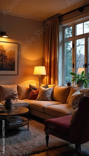 Cozy Living Room with Soft Ambient Lighting, Perfect for Relaxation and Comfort