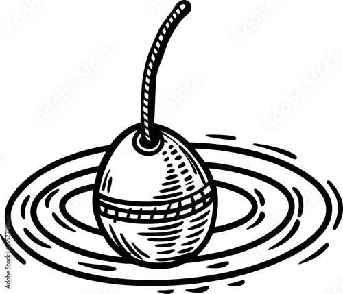 Fishing bobber floating on water, circular ripples hand drawn black and white illustration, outdoor activity gear