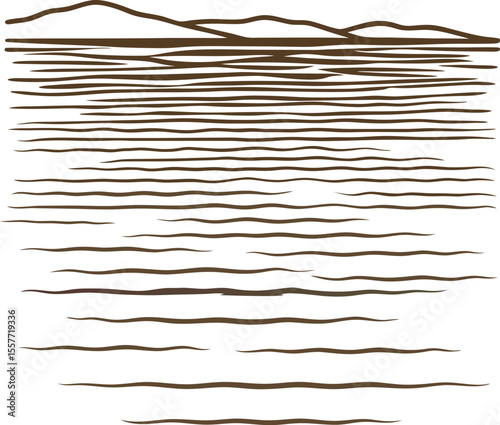 Minimalist linear landscape illustration of lake water and distant mountains, simple calm nature horizon design