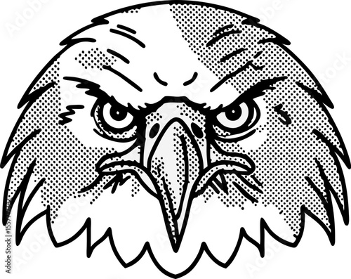 Fierce eagle head illustration angry bird face, sharp eyes, beak, feathers, black and white tattoo design