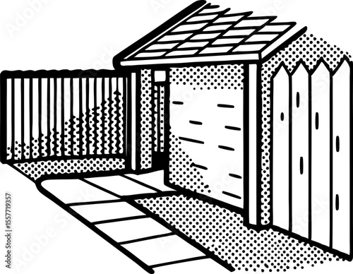 Small backyard garden shed with wooden door and picket fence outdoor storage, dotted halftone illustration