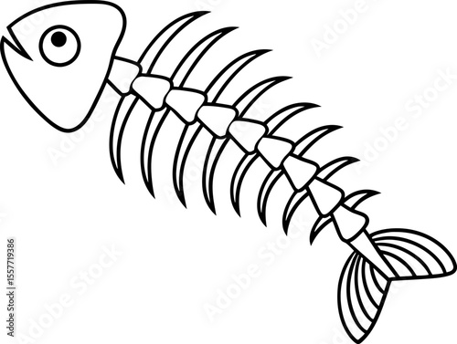 Fish skeleton outline simple black line drawing of fish bones, bare ribcage and tail minimalist aquatic illustration