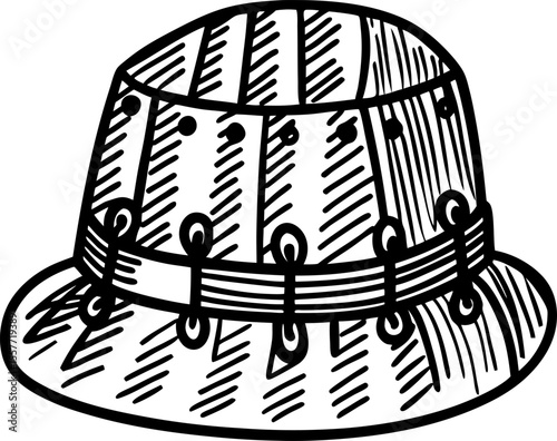 Wooden bucket hat with metal rivets, old fashioned headwear illustration, traditional artisan design