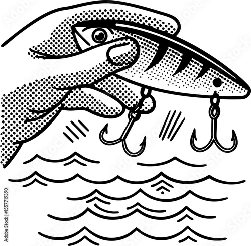 Hand holding fishing lure above water vintage illustration for angling, bait, outdoor hobby, freshwater fishing