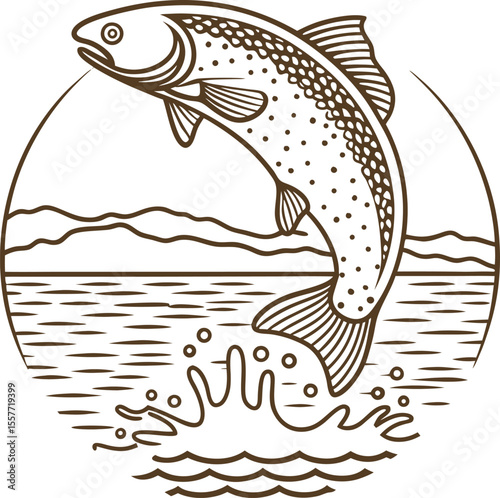 Jumping trout illustration over rippling water and mountain landscape, wild fish in nature scene, fishing concept