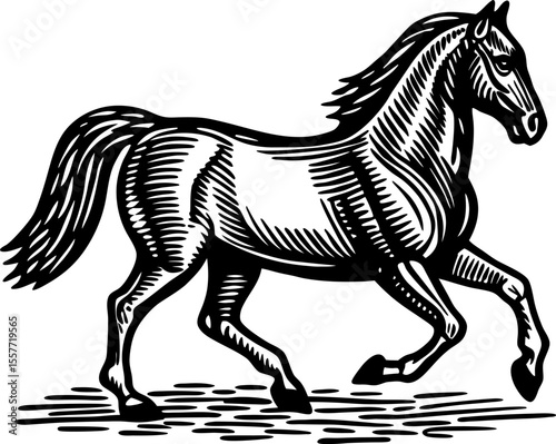 running horse in engraver black and white vintage illustration of galloping animal, energetic wild equine