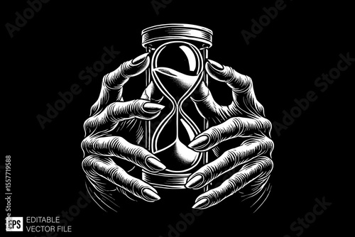 a scary hand holding hourglass ark art illustration black and white design in black background