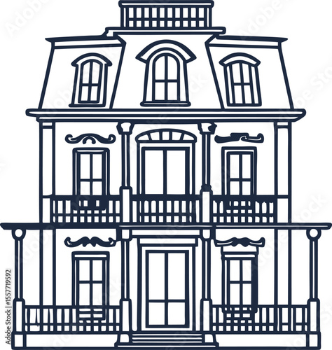 Historic victorian house facade, two story architecture with balcony and ornate decorative windows illustration