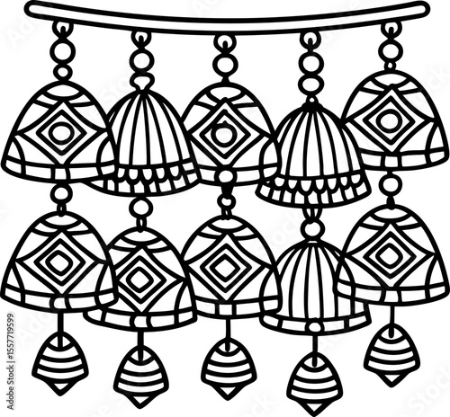 Traditional decorative hanging bells with geometric patterns ornamental ethnic design, black and white illustration