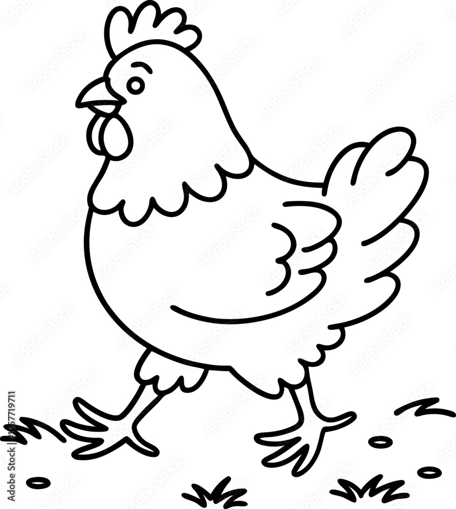 Chicken walking on grass, simple black and white outline drawing for coloring activity and education Chicken walking on grass, simple black and white outline drawing for coloring activity and education