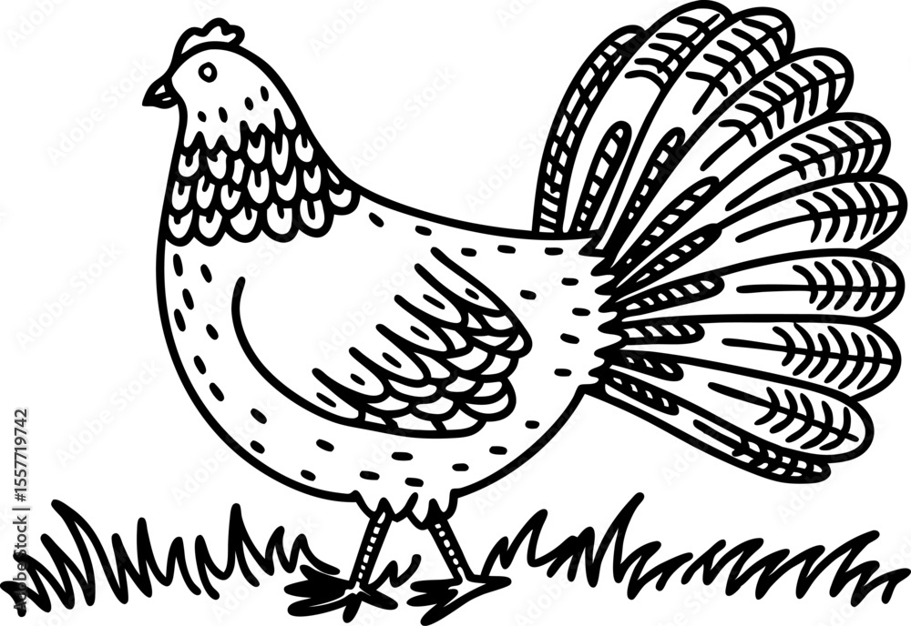 Fototapeta premium Decorative rooster illustration black and white line art bird with elaborate feather tail, farmhouse animal on grass