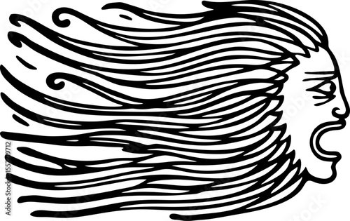 Abstract wind face illustration stylized human profile with flowing hair, dynamic movement, line art graphic