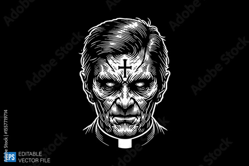 scary pastor dark art illustration black and white design in black background