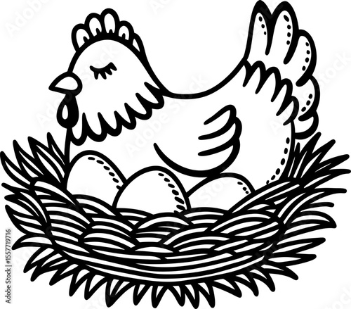 Hen sitting on nest with eggs, black and white illustration cozy farmhouse poultry concept, rural countryside animal life