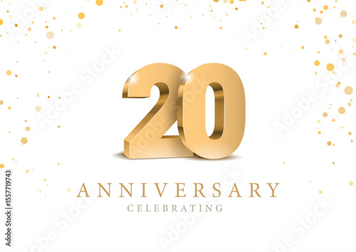 Anniversary 20. gold 3d numbers. Poster template for Celebrating 20th anniversary event party. Vector illustration