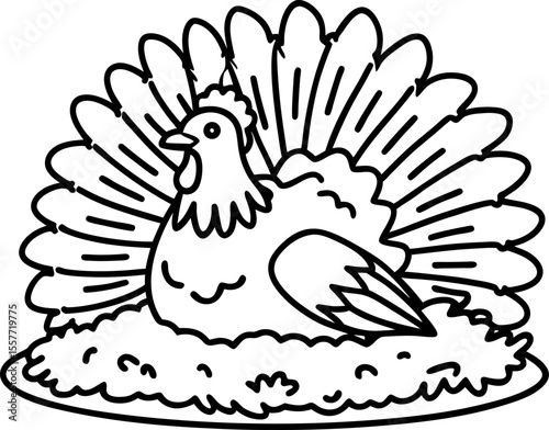 Hen resting on nest, detailed outline illustration with feathers fanned behind, calm farm animal scene