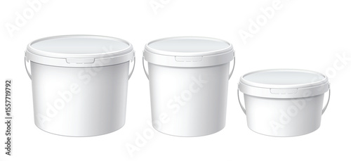 White plastic set bucket with White lid. Product Packaging For food, foodstuff or paints, adhesives, sealants, primers, putty. MockUp Template For Your Design. Vector illustration.