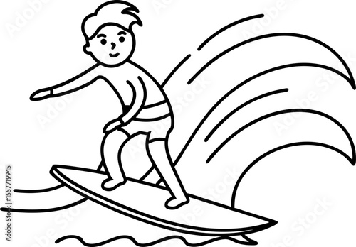 Young boy surfing on ocean wave outline illustration of active child enjoying water sports and summer adventure