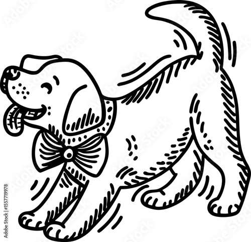 Playful puppy with bowtie happy dog, energetic pet wagging tail, joyful animal illustration