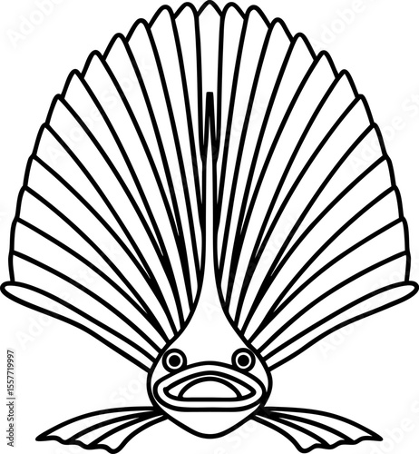 Fan shaped fish with flared fins and open mouth, black and white outline illustration for coloring and design
