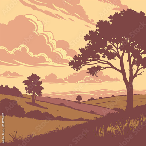 Tree silhouette landscape with sunrise and mountain