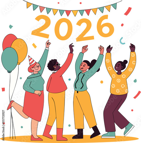  2026 Happy birthday party fun vector illustration of people dancing at a disco with a cartoon woman, boy, and child silhouette