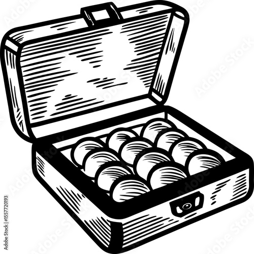 Wooden case of billiard balls vintage sketch illustration of open box containing pool or snooker game balls