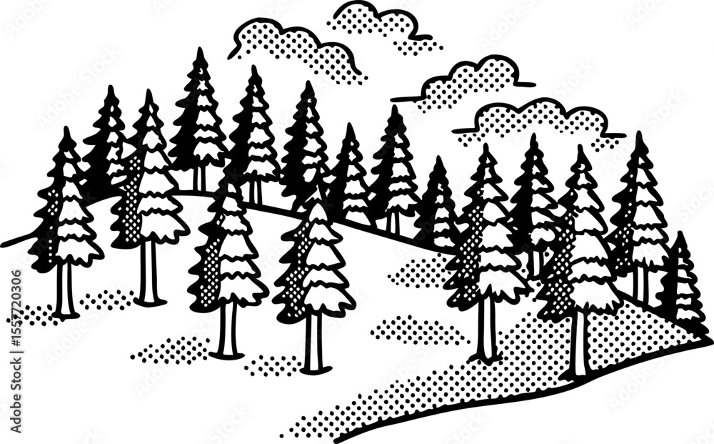 Obraz premium Pine forest landscape illustration stylized evergreen trees, rolling hill, dotted clouds, black and white nature drawing
