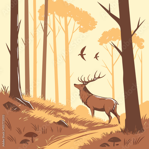 Wild animals like deer in a forest landscape illustration with trees and a sunset sky