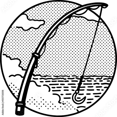 Fishing rod with hook in hand drawn style, clouds and sea background vintage outdoor recreational angling illustration