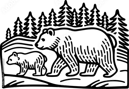 Bear and cub walking together in forest landscape wildlife nature scene with pine trees, wilderness illustration