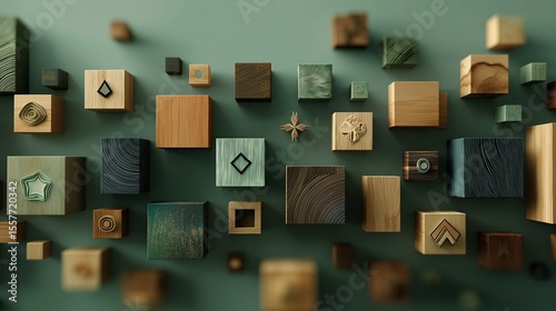 immersive background featuring floating symbols, earthy green and wood. Digital Art Concept Background