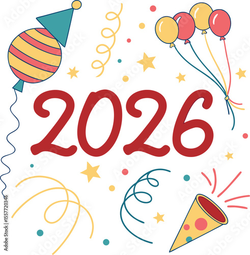 2026 Colorful vector illustration of balloons and confetti for a happy birthday celebration card design with fun text and decoration, perfect for a party greeting gift