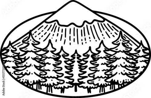 Mountain landscape with evergreen forest hand drawn outline scenic nature, tall pines and sunrays illustration