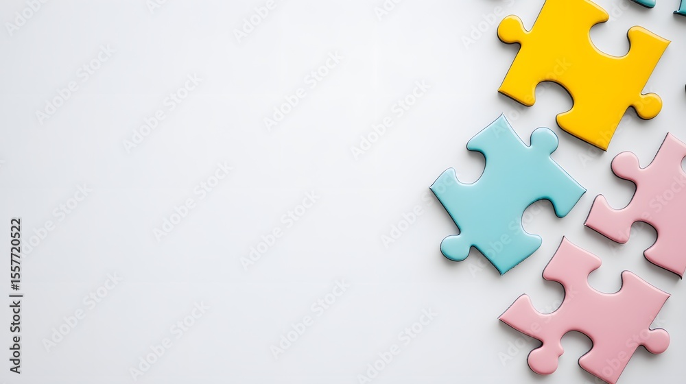 Obraz premium Colorful Puzzle Pieces on White Background Abstract Jigsaw Teamwork Concept
