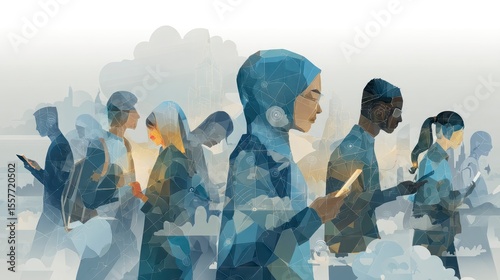 Illustration of global citizens living in an interconnected digital world with AI and cybersecurity